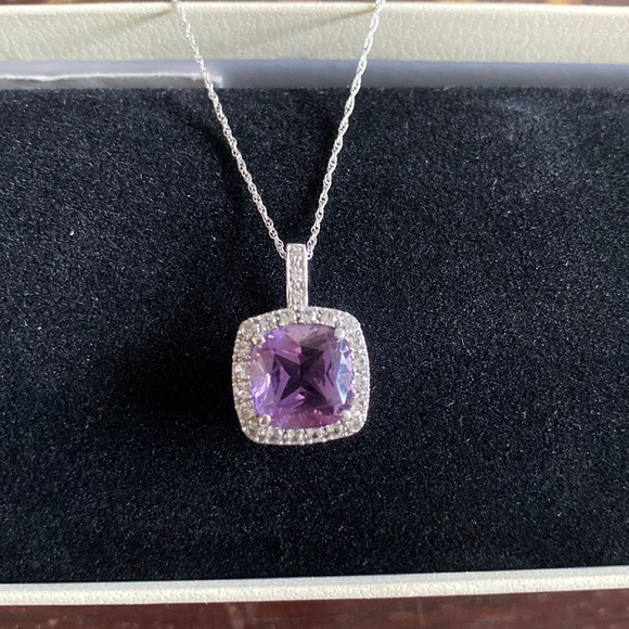 Zales Jewelry - Cushion-Cut Amethyst and Diamond Accent Pendant in 10K White Gold